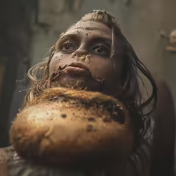 a young woman with makeup on, and a big piece of bread in her hand