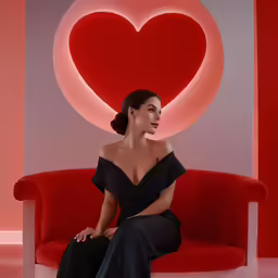 the woman sitting on a chair looks back at something
