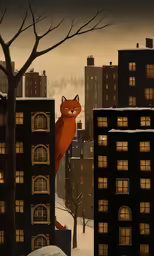 a large cartoon fox sitting in a snowy city