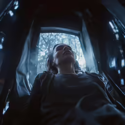 a woman laying down in the back of a car