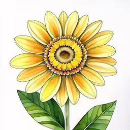 a yellow sunflower with green leaves painted on it,the watercolor image is very pretty and bright