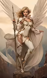 a woman in a gold and white outfit holding a weapon