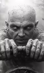 a man with white makeup looks down at the camera as he holds his hands