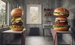 a big hamburger with multiple ingredients stacked on top