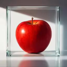 an apple sits inside a glass holder in the shadows