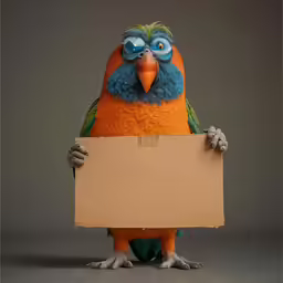 orange and blue bird holding a blank board
