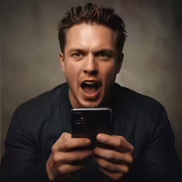 a man looks surprised as he holds his phone