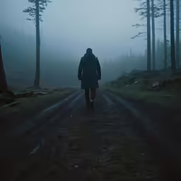 a man is walking on a forest trail