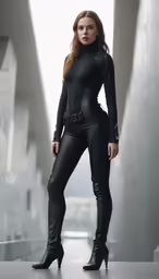 woman standing in front of building wearing a catwoman suit
