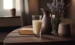a table topped with two vases and a glass of milk