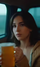 a woman is sitting in a car and holding a beer