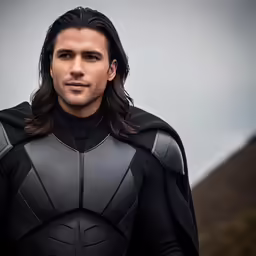 man in a grey superman costume standing outdoors