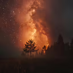 night scene with bright light coming from the stars above a forest