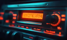 closeup of radio dial with the time setting on red and blue
