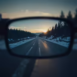 the road is long in length and a small snow - covered mountain can be seen through the rear view mirror