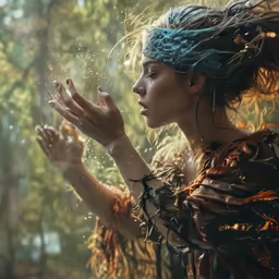 woman holding her hand out with bright lights behind