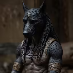 a statue that looks like a demon wearing a black fur
