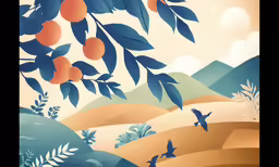 a drawing of birds flying over the desert