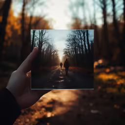 a person holding a polaroid of their walking on a road