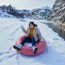 a woman rides an inner tube down a snow covered path