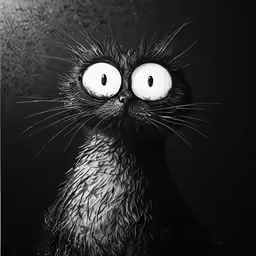 a black cat with white eyes looking off in the distance
