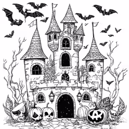 a black and white drawing of a halloween castle with jack o lanterns