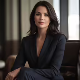 a woman sitting on top of a brown chair