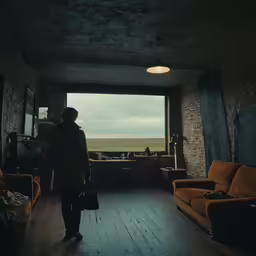 there is a man that is looking out of a window
