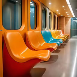 there are some colorful subway seats lined up next to each other