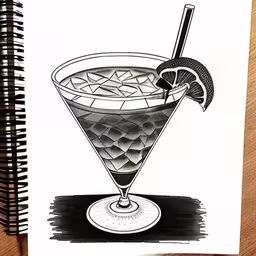 a drawing of a martini with a slice of lime,a drawing of a martini drink sitting on top of a table
