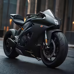 a close up of a black motorcycle parked in a lot