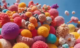 colorful assortment of candies and snacks on blue sky background