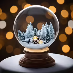 snow globe with two trees inside on a stand