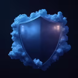 a blue cloud filled with smoke behind a metal shield