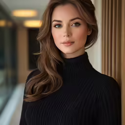 a woman in black posing by a building
