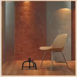 a large brick wall in an apartment next to a chair and a lamp