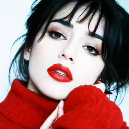 a woman with a bright red lipstick and dark hair