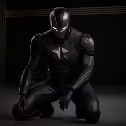 the avengers character is posing in black armor