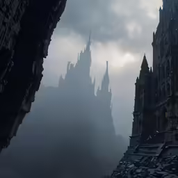 a large castle towering over a city on a rainy day