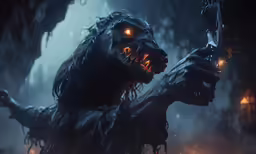 an evil monster holding a sword in a dark place