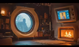 a big window sits in front of the fire place