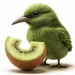 there is a green bird that is eating a kiwi fruit