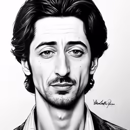 a black and white drawing of a man with long hair