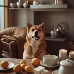 a dog sitting at a table with a teapot