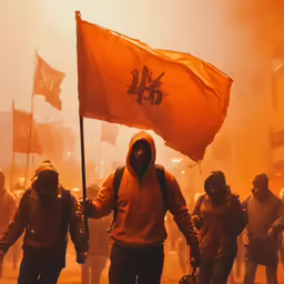 protesters are shown walking down the street with flags