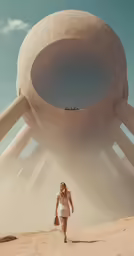 woman with hand bag walks up beach towards a large object