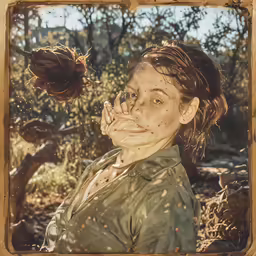 a painting of a woman on her phone by the edge of the woods