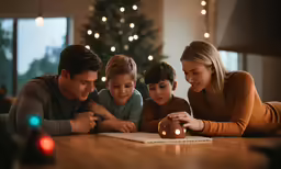 a family looking at a candle during christmas