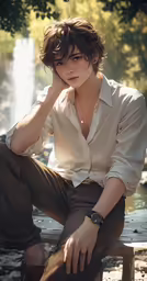 a young man sitting on top of a wooden bench