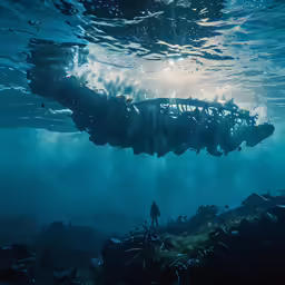 an underwater photo with some water and sun shining